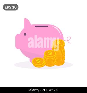 Pink piggy bank with pile of golden dollar coins. Pink coin box in flat style Stock Vector