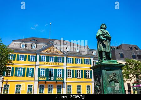 BONN, GERMANY - JUNE 29, 2018: Ludwig van Beethoven monument and post office in the centre of Bonn city in Germany