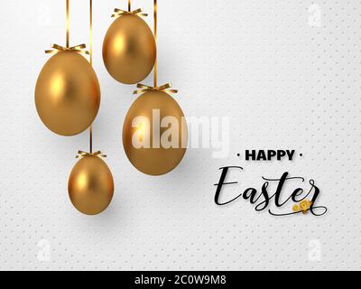 3d metallic golden eggs hanging foil bow. Stock Vector
