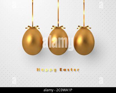3d metallic golden eggs hanging foil bow. Stock Vector