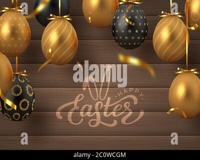 Happy Easter banner with hanging golden eggs. Stock Vector