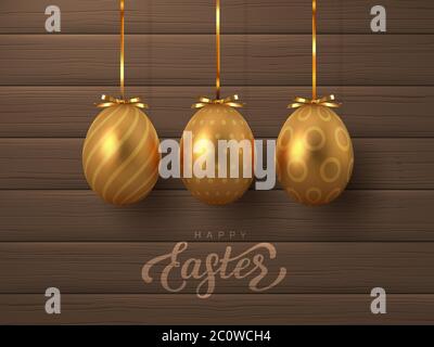 Happy Easter banner with hanging golden eggs. Stock Vector