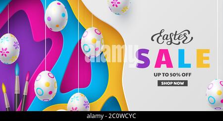 Easter Sale banner with painted hanging eggs. Stock Vector