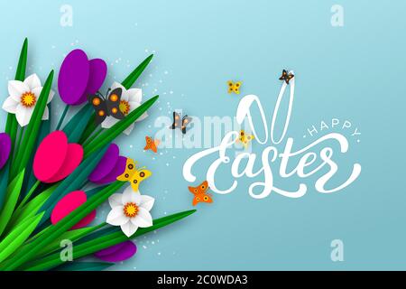 Easter background with paper cut spring flowers. Stock Vector