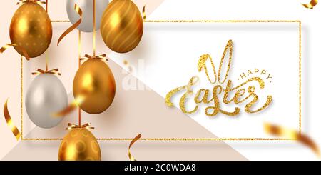 Happy Easter banner with hanging golden eggs. Stock Vector