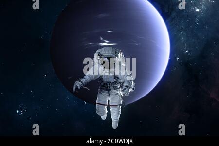 Astronaut on background of Neptune. Solar system Stock Photo