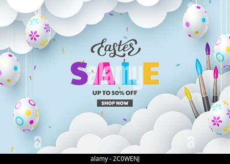 Easter Sale banner with painted hanging eggs. Stock Vector