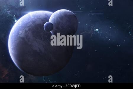 Extrasolar planet and satellites on background of star clusters and nebulae Stock Photo