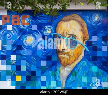 Artist Craig McInnis' combined interpretations of Vincent Van Gogh's 'Self Portrait' and 'Starry Night' form a mural in West Palm Beach, Florida, USA. Stock Photo