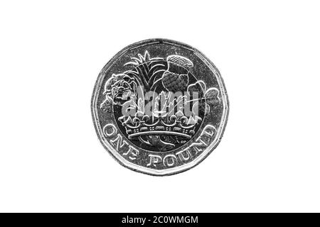 New one pound coin of England UK introduced in 2017 which show emblems of each of the nations cut out and isolated on a white background black & white Stock Photo