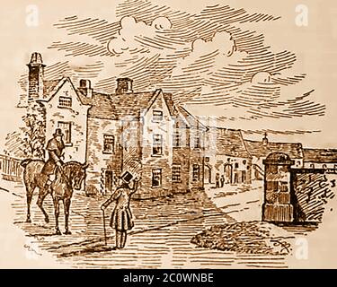 An old sketch of the George Inn coaching Inn at Catterick Bridge, UK. Mr. Daniel Ferguson,  spent forty years of his life in  the coaching era controlling   this once famous posting inn. Names of postboys connected with this inn are Shutt, Bob Simpson,Michael Robson,  George Firth, and numerous other old postboys Stock Photo