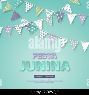 Festa Junina holiday design. Paper cut style letters with bunting flag on light turquoise background. Template for Brazilian or Latin festival, party Stock Vector