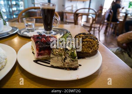 Sweet cakes and coffee on the table. Czech Republic Stock Photo