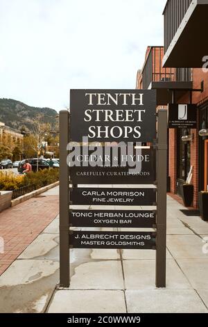 Boulder, Colorado - May 27th, 2020:  Shop sign at West End of Pearl Street Mall in Boulder County Stock Photo