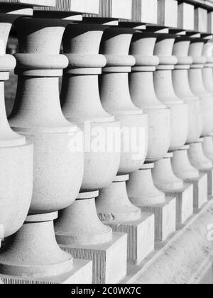 Ornamental stone balustrade. Detailed perspective view. Black and white image. Stock Photo