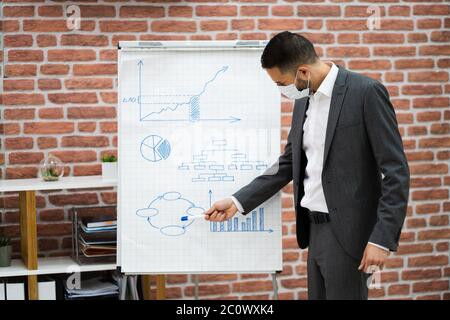 Business Man Giving Training Presentation In Office In Face Mask Stock Photo