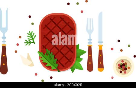Beefsteak with herbs and cutlery vector flat isolated Stock Vector