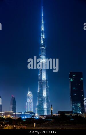 Dubai panorama and Burj Khalifa is currently the tallest building in the world, at 829.84 m (2,723 ft). Stock Photo