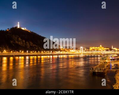 Evening view of Gellert hill and Danube river in Budapest, Hungary. Stock Photo