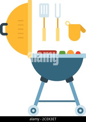 Bbq grill with fork, spatula and mitten vector icon flat isolated Stock Vector
