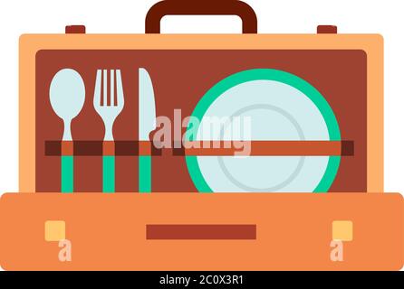 Set of tableware in suitcase vector icon flat isolated Stock Vector