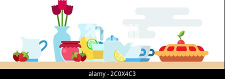 Afternoon tea party with biscuit, hot tea pot, jam jar, limonade, flowers vase and berries vector flat Stock Vector