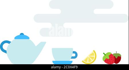 Teapot with teacup, lemon and berries vector icon flat isolated Stock Vector