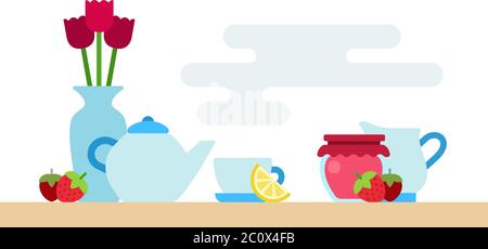 Tea set of dishes with flowers and jam vector icon flat isolated Stock Vector
