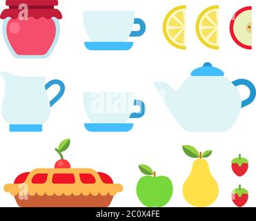 Set of products and utensils for tea drinking vector icon flat isolated Stock Vector