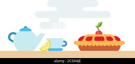 Tableware for tea and cherry pie vector icon flat isolated Stock Vector