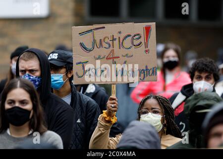 Portland, USA. 12th June, 2020. Hundreds of students and faculty protest the presence of an armed police force on the campus of Portland State University on June 12, 2020 in Portland, Oregon, near the anniversary of their fatal shooting of Jason Washington in 2018. (Photo by John Rudoff/Sipa USA) Credit: Sipa USA/Alamy Live News Stock Photo