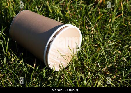 Two nested empty cardboard cups in the grass in evening light Stock Photo