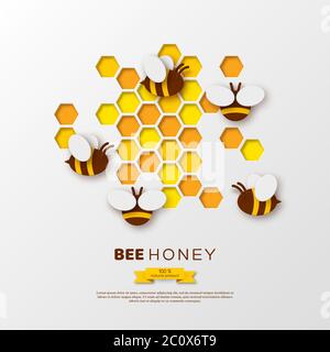 Paper cut style bee with honeycombs. Template design for beekeeping and honey product. White background, vector illustration. Stock Vector