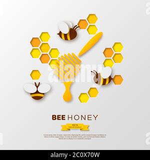 Bee with honeycombs and dipper, paper cut style. Template design for beekeeping and honey product. White background, vector illustration. Stock Vector
