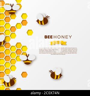 Bee with honeycombs, paper cut style. Template design for beekeeping and honey product, white background, vector illustration. Stock Vector