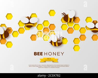 Paper cut style bee with honeycombs. Template design for beekeeping and honey product. White background, vector illustration. Stock Vector