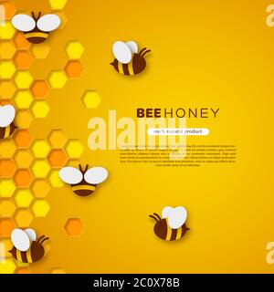 Paper cut style bee with honeycombs. Stock Vector