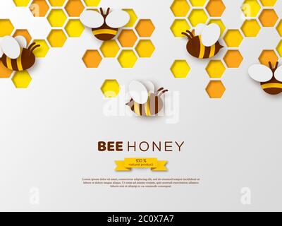 Paper cut style bee with honeycombs. Template design for beekeeping and honey product. White background, vector illustration. Stock Vector
