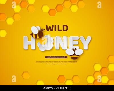 Paper cut style bee with honeycombs. Stock Vector