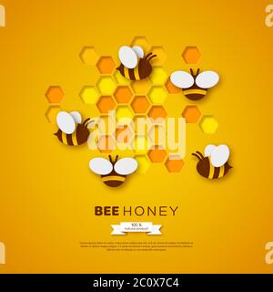 Paper cut style bee with honeycombs. Template design for beekeeping and honey product. Yellow background, vector illustration. Stock Vector
