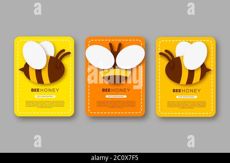 Set of labels or stickers with paper cut style bee. Template design for beekeeping and honey product. Yellow and orange background, vector Stock Vector