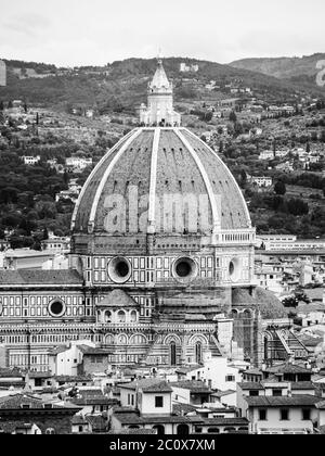 Cupola del Brunelleschi of Florence Cathedral, formally the Cattedrale di Santa Maria del Fiore. Florence, Italy. Black and white image. Stock Photo