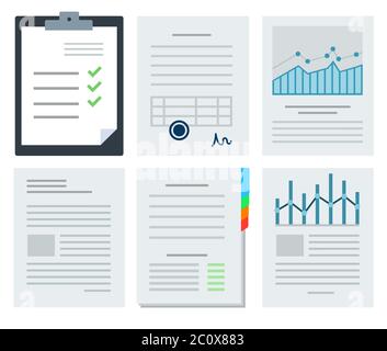 Set vector icons business documents with charts, graphs and stamp in flat design. Stock Vector