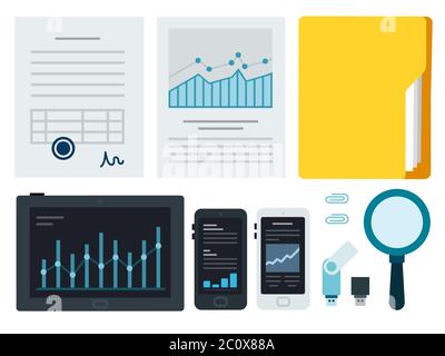 Concept vector icons business documents and modern technology in flat style. Stock Vector