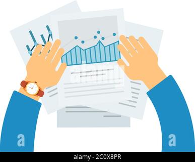 Human hands with data graphs vector icon flat isolated Stock Vector