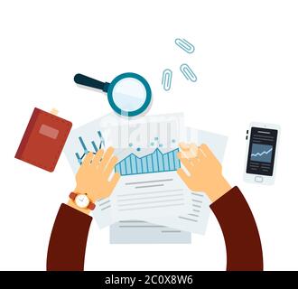 Flat vector icon workplace documents, papers, office stuff top view. Stock Vector