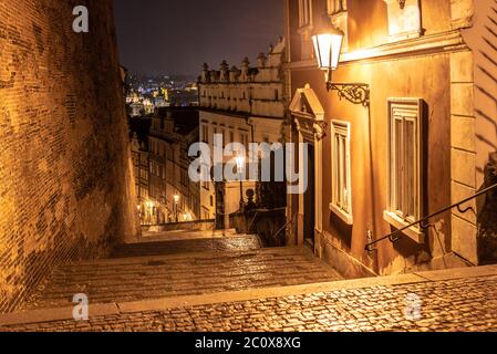 New Castle Stairs at Prague Castle by night, Lesser Town Quarter, Prague, Czech Republic. Stock Photo