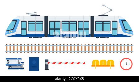 Modern city passenger tram and its elements vector illustration in flat design. Stock Vector