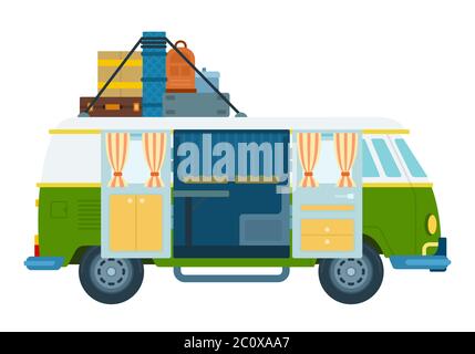Flat travel camper van vector icon isolated on white background. Stock Vector