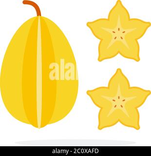 A whole fruit of carambola vertically and two pieces of carambola flat isolated Stock Vector